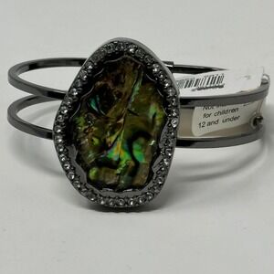 Oval Abalone Shell Cuff Bracelet Gunmetal Tone Rhinestone Inlay
